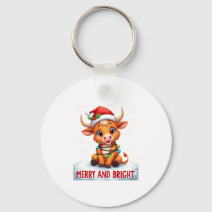 Cute Highland Baby Cow Christmas Lights Merry & Br Keychain