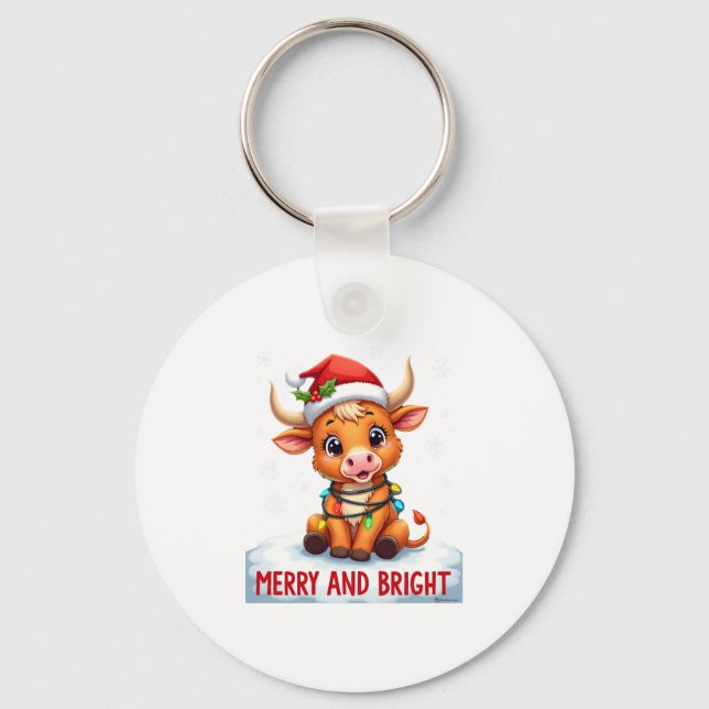 Cute Highland Baby Cow Christmas Lights Merry & Br Keychain (Front)