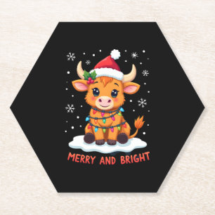 Cute Highland Baby Cow Christmas Lights Merry & Br Paper Coaster