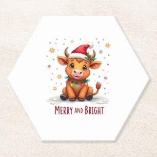Cute Highland Baby Cow Christmas Lights Merry & Br Paper Coaster