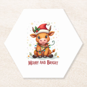 Cute Highland Baby Cow Christmas Lights Merry & Br Paper Coaster