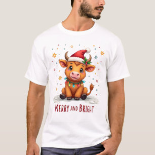 Cute Highland Baby Cow Christmas Lights Merry & Br T-Shirt