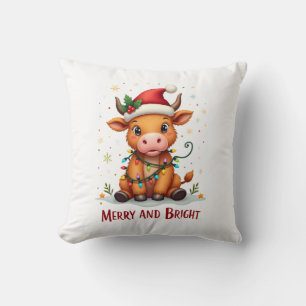 Cute Highland Baby Cow Christmas Lights Merry & Br Throw Pillow