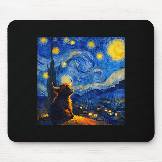 Cute Highland Baby Cow Graphic Van Gogh Style Star Mouse Pad (Front)