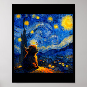 Cute Highland Baby Cow Graphic Van Gogh Style Star Poster