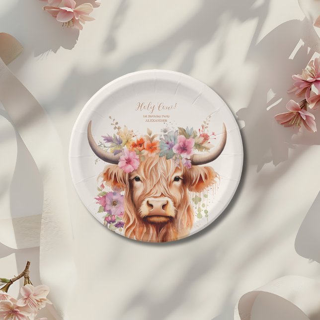 Cute Highland Cow 1st Birthday Paper Plate (Creator Uploaded)
