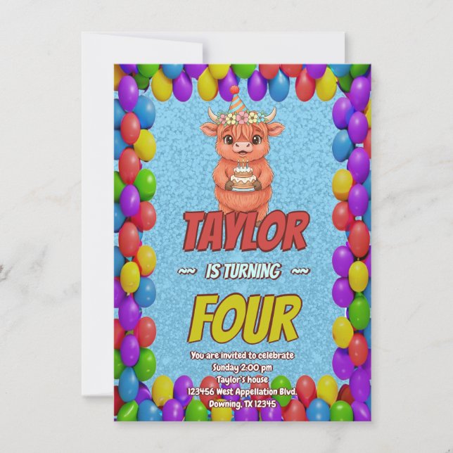 Cute Highland Cow 4th Birthday Invitation (Front)