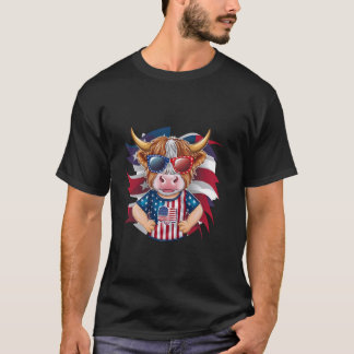 Cute Highland Cow 4th Of July American Funny patri T-Shirt