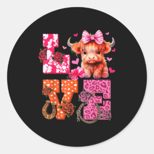 Cute Highland Cow And Nk Heart Valentines Day Love Classic Round Sticker