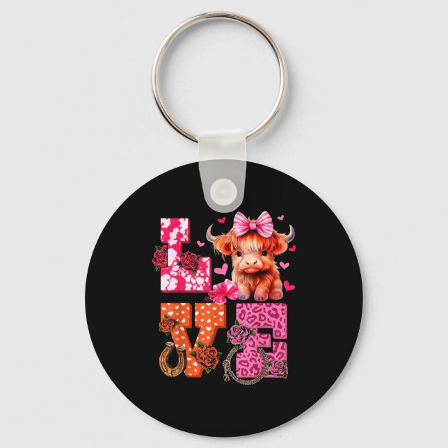 Cute Highland Cow And Nk Heart Valentines Day Love Keychain (Front)