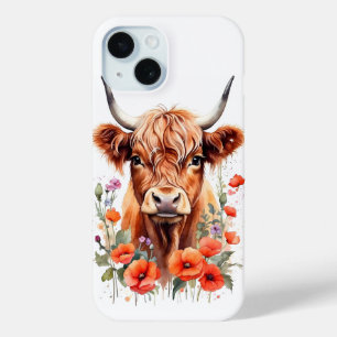 Cute Highland Cow And Poppy Flowers Watercolor iPhone 15 Case