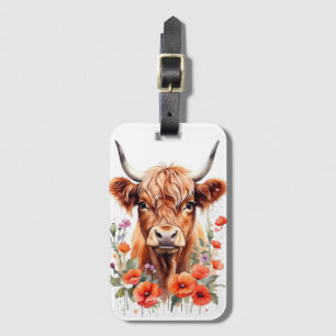 Cute Highland Cow And Poppy Flowers Watercolor Luggage Tag