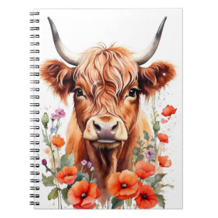 Cute Highland Cow And Poppy Flowers Watercolor Notebook