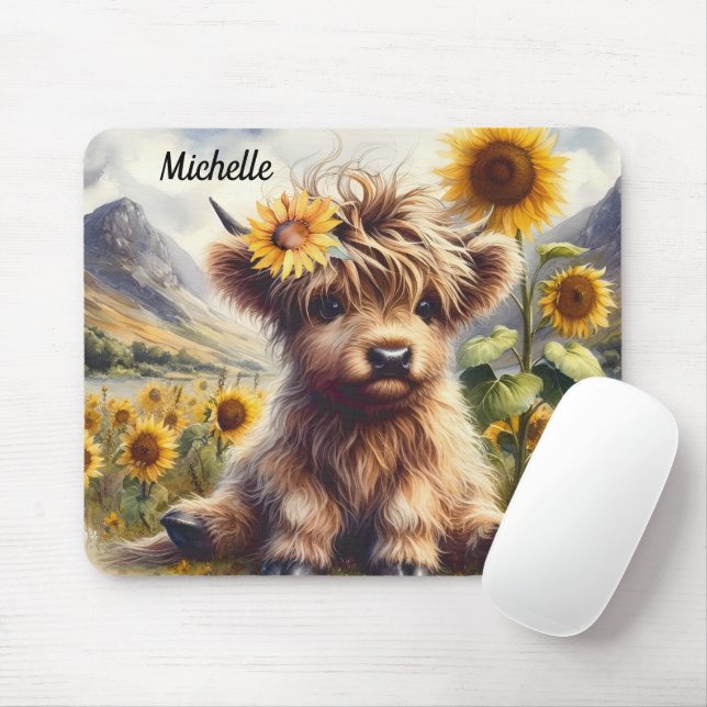 Cute Highland Cow And Sunflowers With Name Mouse Pad (With Mouse)
