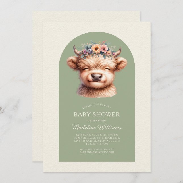 Cute Highland Cow Arch Baby Shower Invitation (Front/Back)