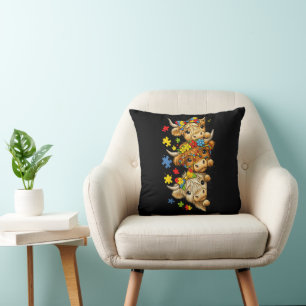 Cute Highland Cow Autism Awareness Puzzle Piece Throw Pillow
