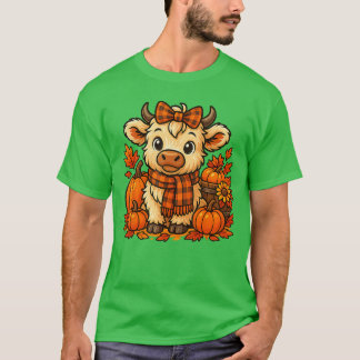 Cute Highland Cow Autumn Pumpkin Plaid Scarf Fall  T-Shirt
