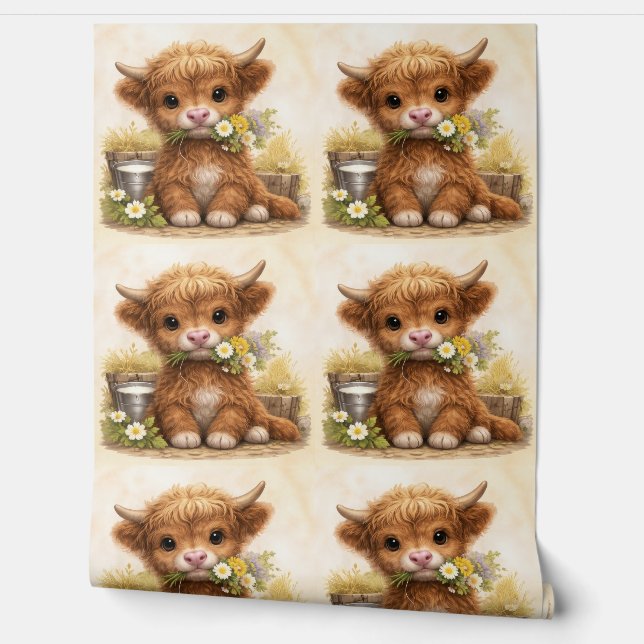Cute Highland Cow Baby Pattern Wallpaper (Unrolling)