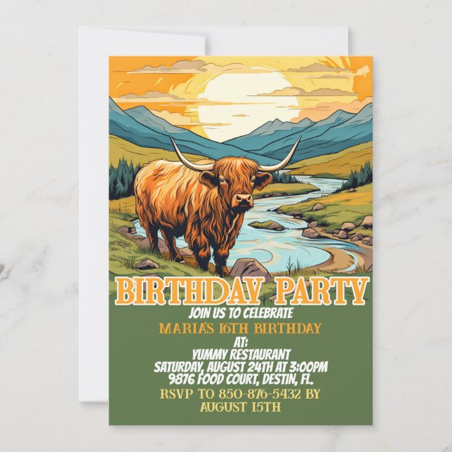 Cute Highland Cow Birthday Party Invitations (Front)