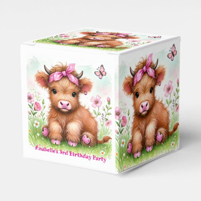 Cute Highland Cow Butterfly Girl Birthday Party Favor Box (Front Side)
