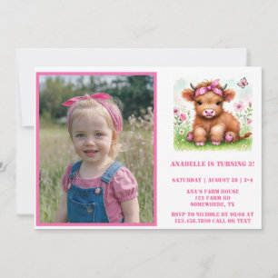 Cute Highland Cow Butterfly Photo Birthday Party Invitation