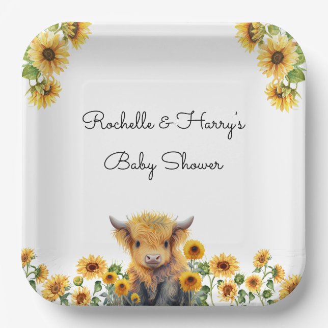 Cute Highland Cow Calf Sunflowers Baby Shower Paper Plate (Front)