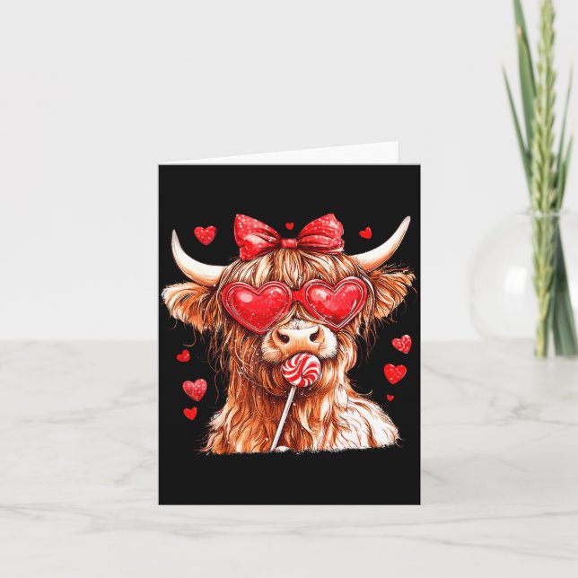 Cute Highland Cow Candy Cane Heart Valentines Day  Card (Front)
