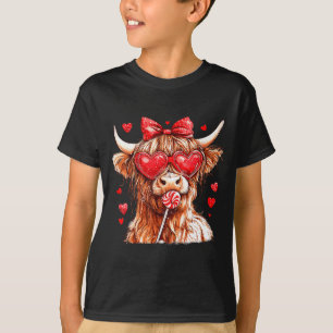 Cute Highland Cow Candy Cane Heart Valentines Day T-Shirt