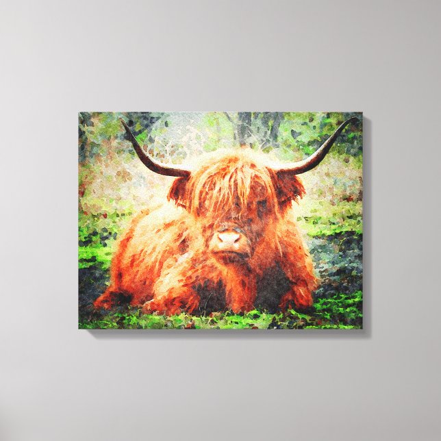 Cute Highland Cow Cattle Watercolour Art Painting Canvas Print (Front)