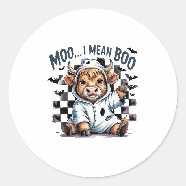 Cute Highland Cow Chequered Halloween Te Classic Round Sticker (Front)