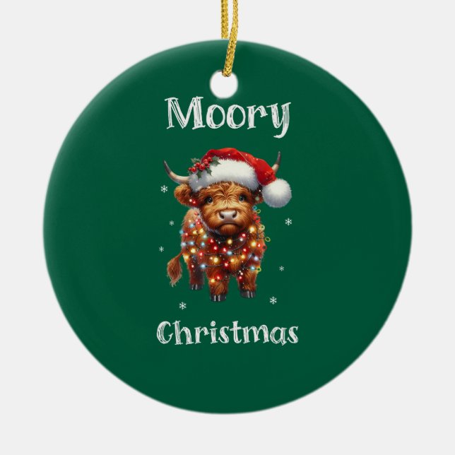 Cute Highland Cow Christmas Ceramic Ornament (Front)