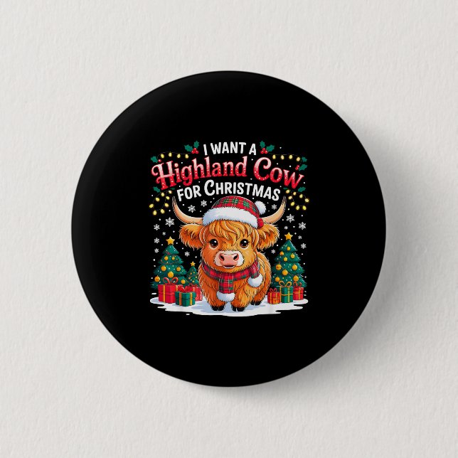 Cute Highland Cow Christmas Funny Santa Lights Hol 2 Inch Round Button (Front)