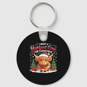 Cute Highland Cow Christmas Funny Santa Lights Hol Keychain