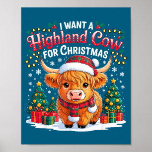 Cute Highland Cow Christmas Funny Santa Lights Hol Poster