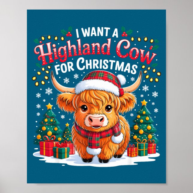 Cute Highland Cow Christmas Funny Santa Lights Hol Poster (Front)
