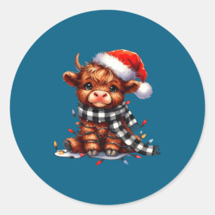 Cute Highland Cow Christmas Lights Santa Hat Winte Classic Round Sticker