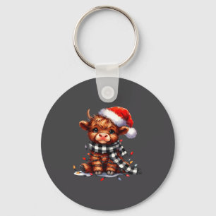 Cute Highland Cow Christmas Lights Santa Hat Winte Keychain