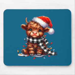 Cute Highland Cow Christmas Lights Santa Hat Winte Mouse Pad
