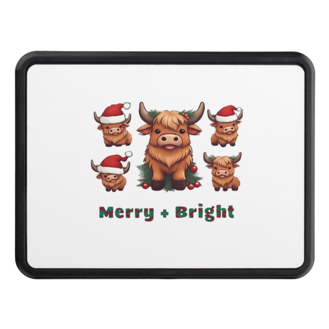 Cute Highland Cow Christmas Merry and Bright, Scot Trailer Hitch Cover (Front)