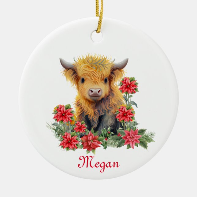 Cute Highland Cow Christmas Personalized Name Ceramic Ornament (Front)