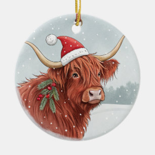 Cute Highland Cow Christmas Santa Hat Ceramic Ornament