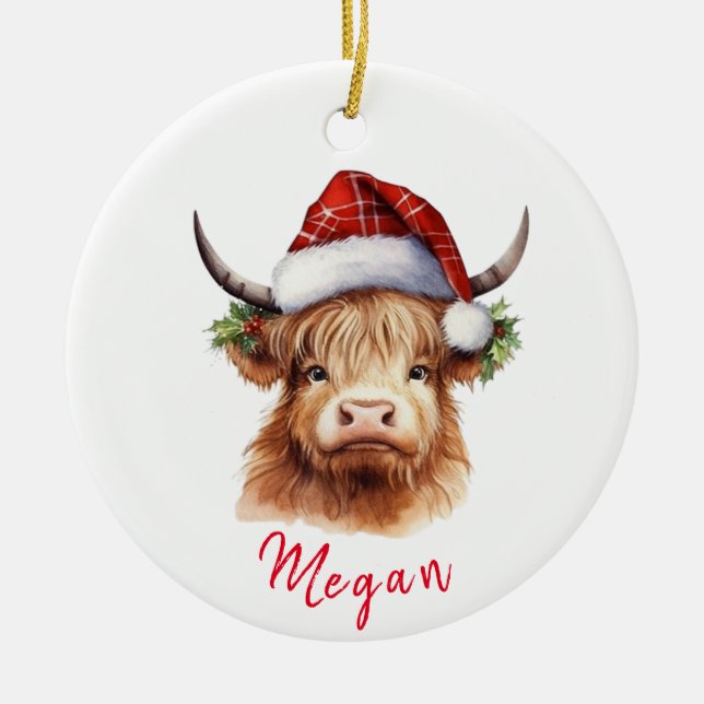 Cute Highland Cow Christmas Santa Hat Personalized Ceramic Ornament (Front)