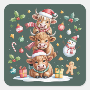 Cute Highland Cow Christmas Trees Hot Cocoa Cozy Square Sticker