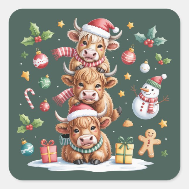 Cute Highland Cow Christmas Trees Hot Cocoa Cozy  Square Sticker (Front)