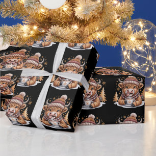 Cute Highland Cow Christmas Trees Hot Cocoa Cozy  Wrapping Paper