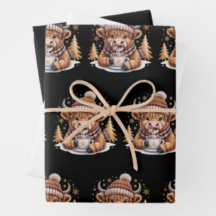 Cute Highland Cow Christmas Trees Hot Cocoa Cozy  Wrapping Paper Sheet