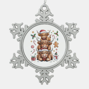 Cute Highland Cow Christmas Xmas Cozy Winter Snowflake Pewter Christmas Ornament