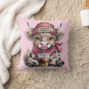 Cute Highland Cow Coffee Addict Funny Drink Coffee Throw Pillow
