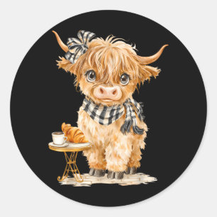 Cute Highland Cow Coffee Croissant Cozy Farm Classic Round Sticker