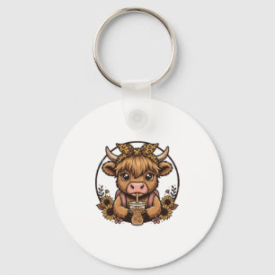 Cute Highland Cow Coffee Sunflower Vintage Shirt_1 Keychain